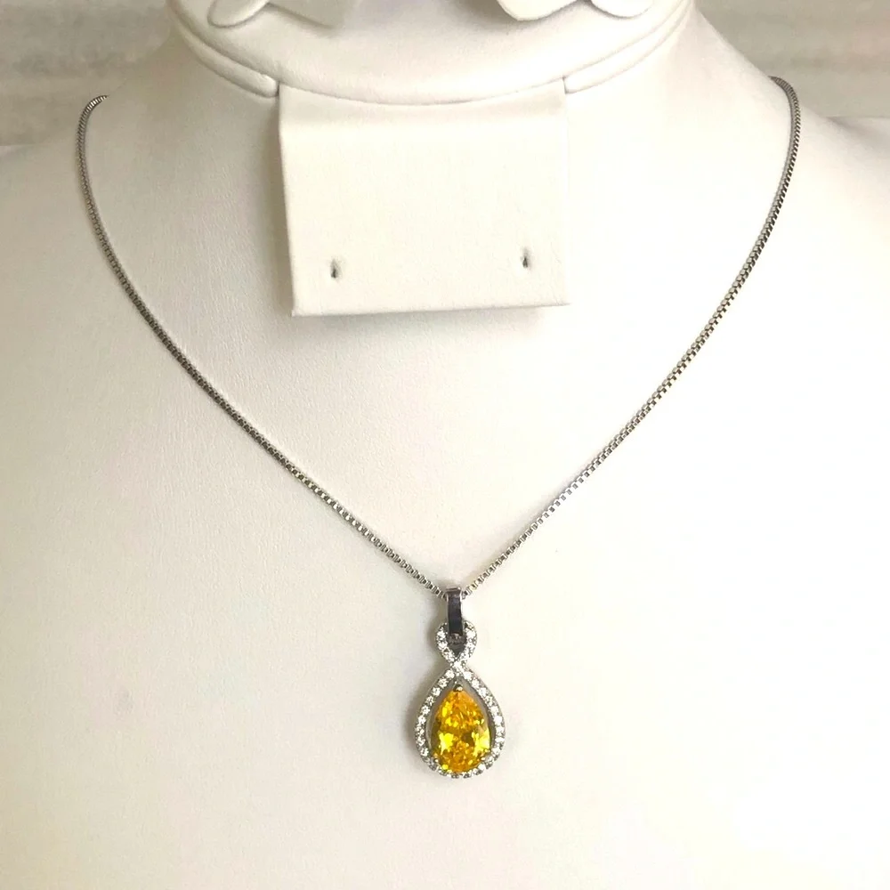 Stunning Citrine Yellow Diamond Silver Pendant Necklace